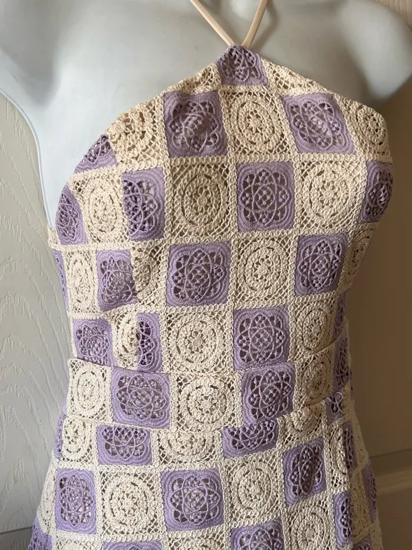 Anthropologie FORE‎ COLLECTION Lilac/Cream Checkered Crochet Halter Dress Autumn Wedding Guest - Image 5