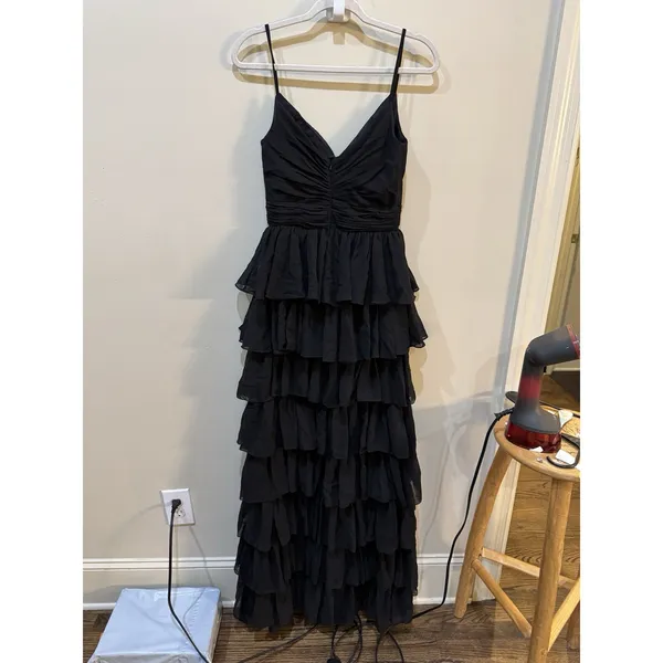 mac duggal dress Sleeveless V Neck Ruffle‎ Skirt Evening Gown Black Size 4 - Image 5