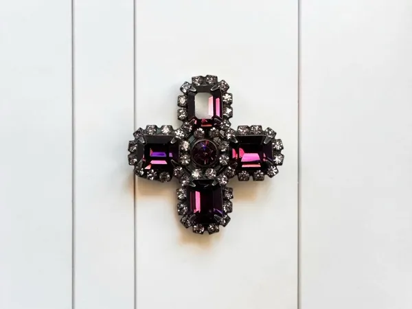 Liz Palacios Purple Rhinestone Cross Brooch Pin Vintage Style Statement Jewelry - Image 3