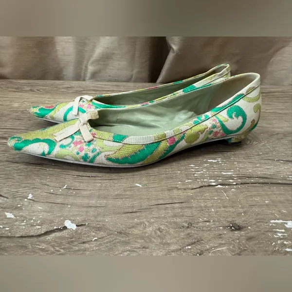 Vtg Prada SS2003 Green‎ Brocade Flat Shoes 37.5 - Image 8