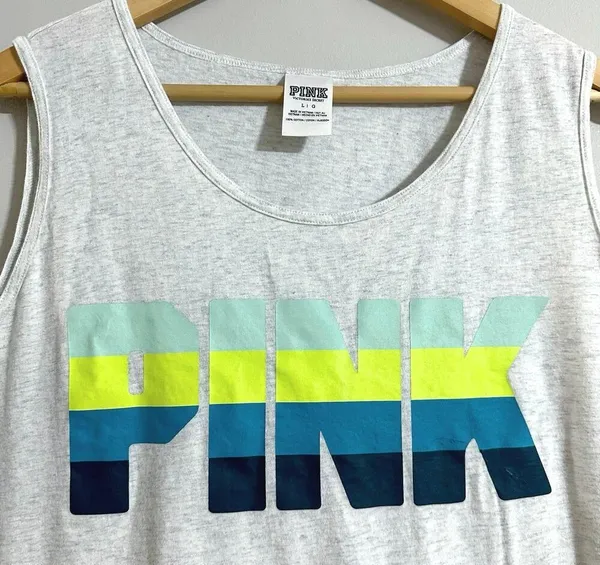Victorias Secret PINK Grey Muscle Tank Top Women L Ombre Green Blue Logo Graphic - Image 2
