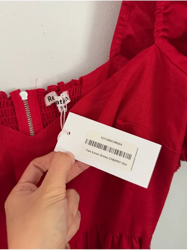 Reformation 4 NEW Tien Linen Dress Cherry Red Fitted Waist Puffy Holiday Belted - Image 3