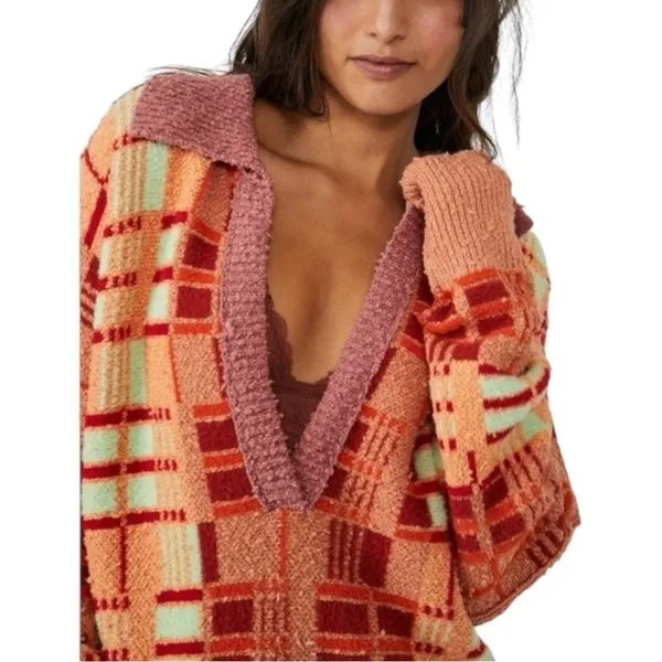 Free People Ruben Oversized Textured Plaid Collared Sweater‎ Boho Pullover M - Image 2
