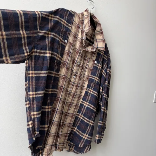 UNITED LOVERS Dove Oversized Plaid Shirt in Navy & Brown - Vintage Wash - M/L - Image 5