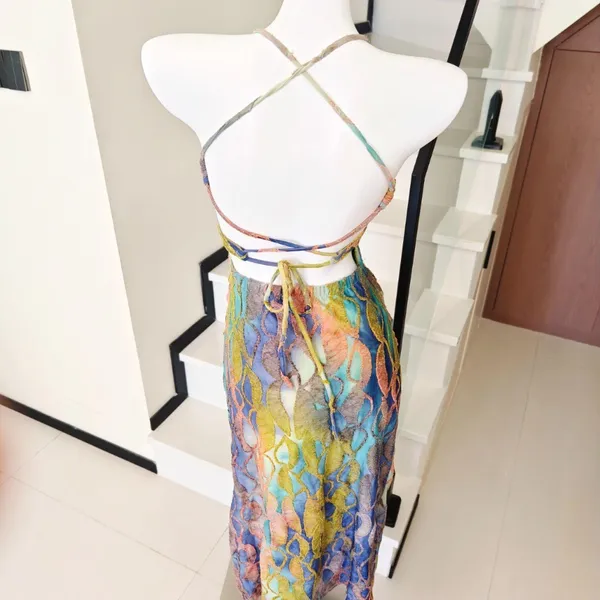Multicolor Tie‑Dye Lace Halter Midi Dress Ruched - Image 4
