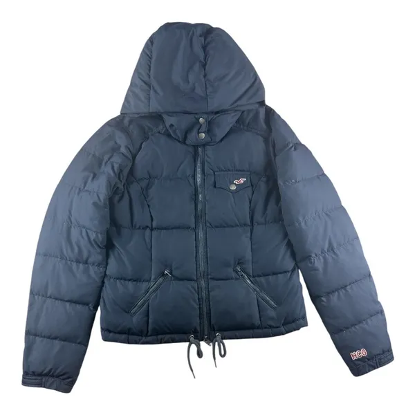 2000's Hollister Navy Blue Hooded Puffer Jacket Down Quilted Coat Large Y2K - Image 2