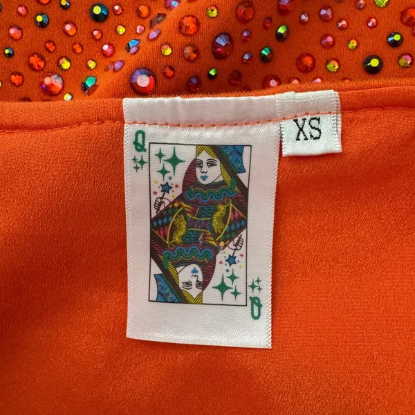 Queen of Sparkles Top XS Orange Rhinestone Puff Sleeve Square Neck Party‎ Bling - Image 7