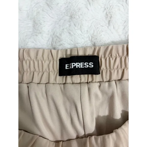 Express Beige Pleated High Rise Wide Leg Crop Pull On Elegant Chic Pants M - Image 5