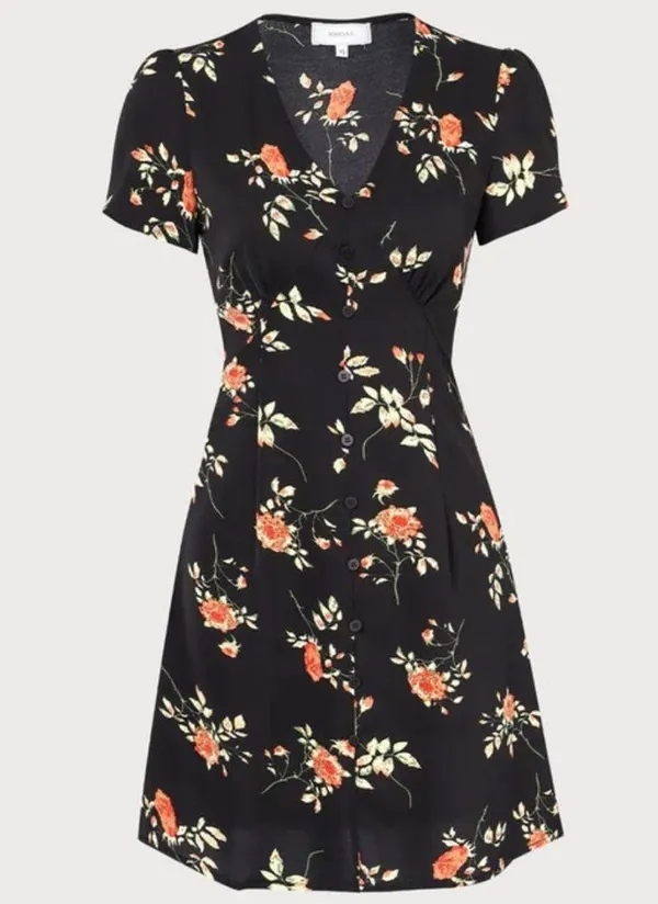 Rihoas Black V Neck Floral Button Up Mini Dress - Image 2
