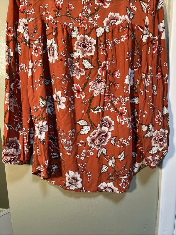 Loft Women's Size Large Petite Blouse Orange White Floral Button Down Ruffle‎ - Image 10