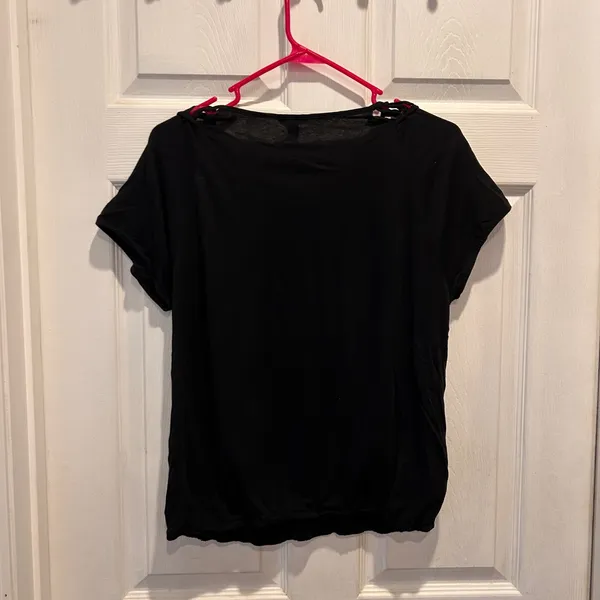 Ann Taylor Black Lattice Neck Cap Sleeve Gathered Hem Top Women's Large‎ Modal - Image 6