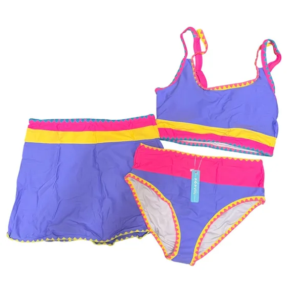NWT Popvil 3 Piece High Waisted Bikini Set Neon Purple Pink Yellow Skirt Medium - Image 4