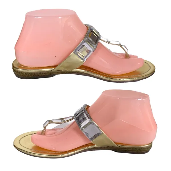 Express Gold Faux Leather With Clear Plastic Crystals Thong Sandals (8) - Image 4