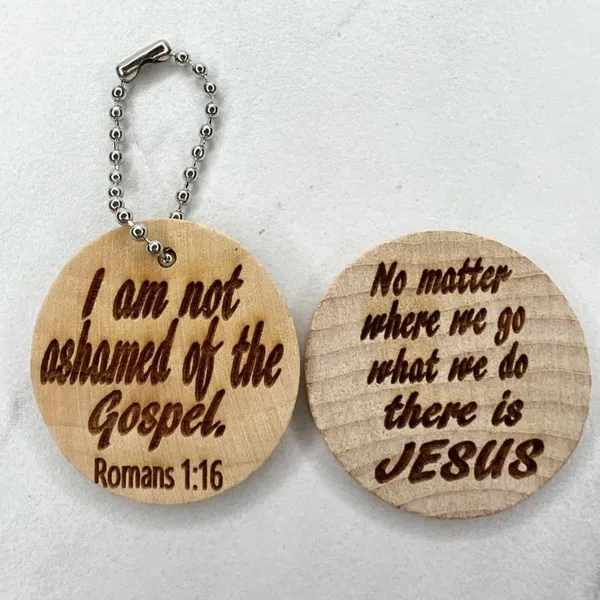 Keep Your Eyes on Jesus Romans 1:16 Wood Ball Chain Keychain Keyring and Disk - Image 4