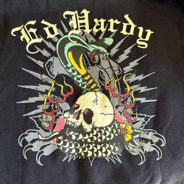 Ed Hardy Black Snake Skull Logo Cropped Zip Up Hoodie Sweatshirt SZ S #2290 - Image 2