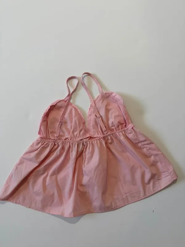Croquette Light Pink Babydoll Cami Tank Top with Eyelet Trim and Bows - Image 2