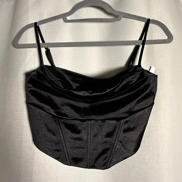 Lovesome Black Satin Spaghetti Strap Bustier Cowl Crop Top Size Medium - Image 2