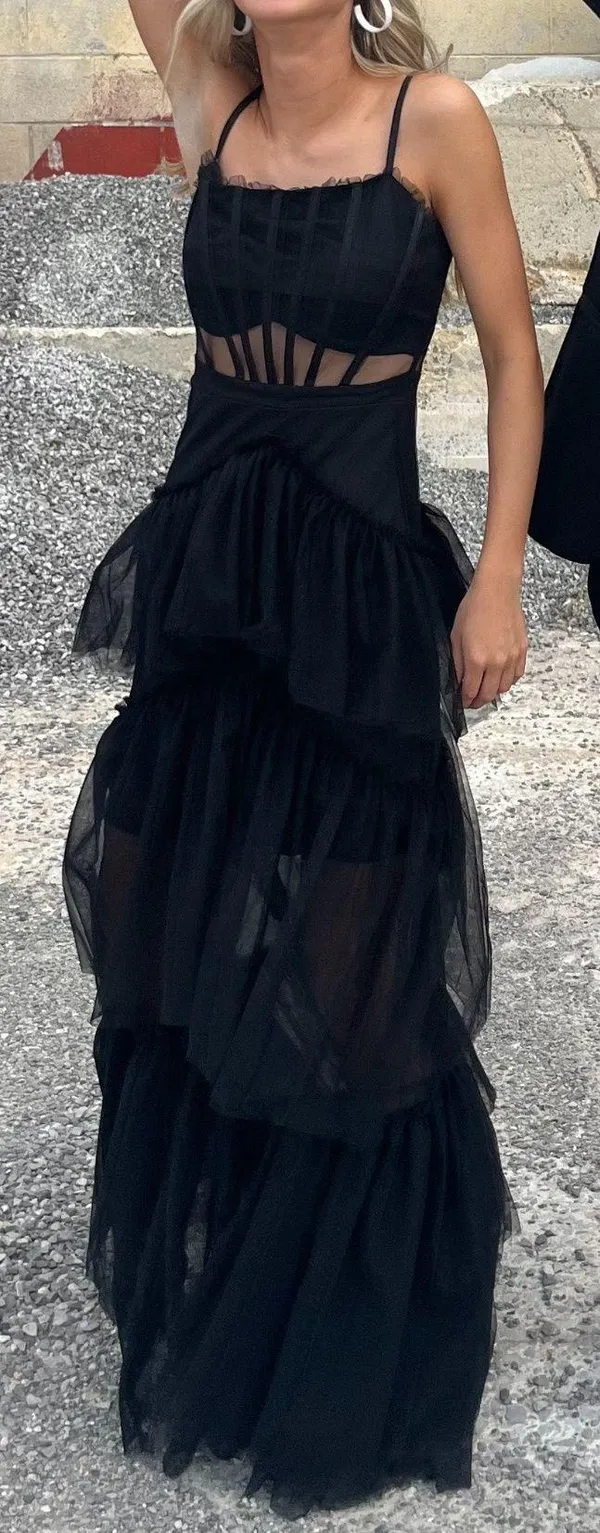 Black Tulle Spaghetti Strap Tiered Fashion Prom Dress - Image 4