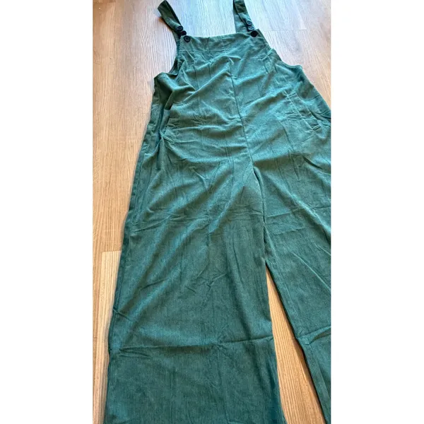 Green Corduroy Wide Leg Overalls XL Teal Ribbed Sleeveless Jumpsuit with Pockets - Image 4
