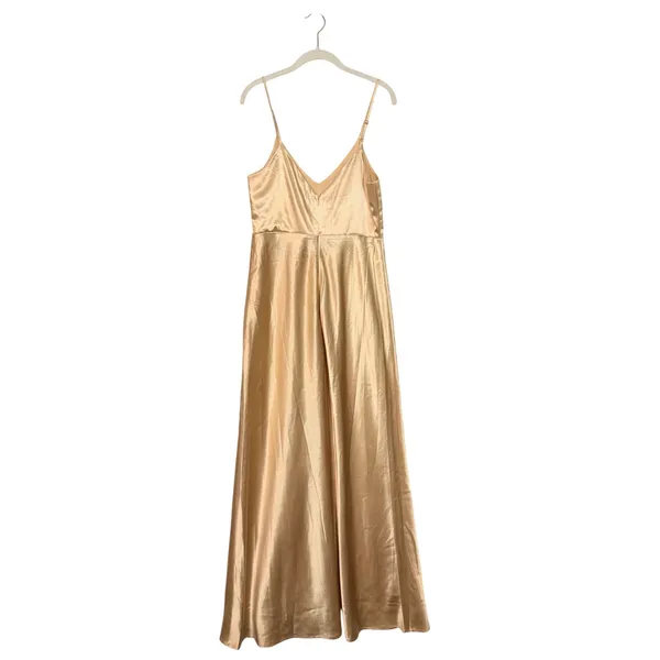 Birdy Grey Satin Maxi Dress Spaghetti Strap Slit Gold Bridesmaid Formal M - Image 3