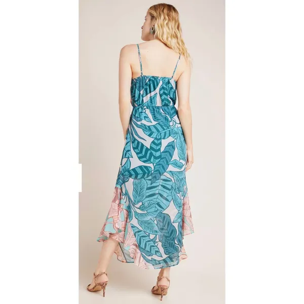 Farm Rio Anthropologie Ruffled Botanical Maxi Dress Tropical Teal‎ Pink Small - Image 4