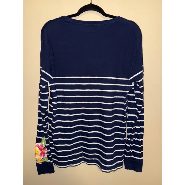 Polo Ralph Lauren Womens Navy Striped Floral Hibiscus Long Sleeve Top L Coastal - Image 4