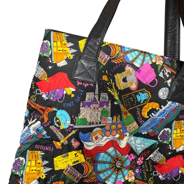 VTG 1991 Nicole Miller Paris France French‎ Themed 100% Silk Tote Bag Leather - Image 6