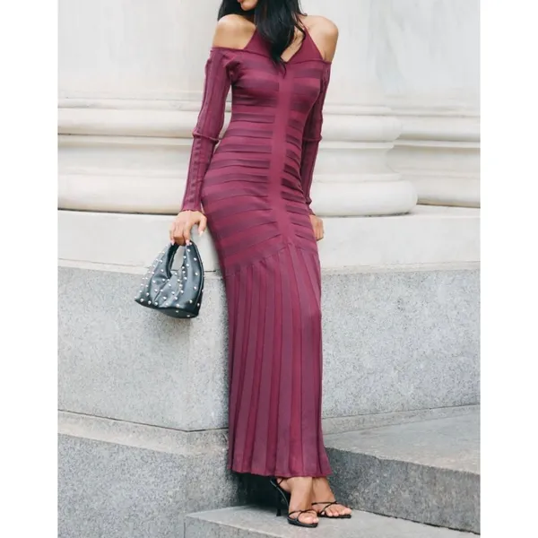 Anthropologie Cold-Shoulder Knit Maxi Dress Size M In Wine - Image 2