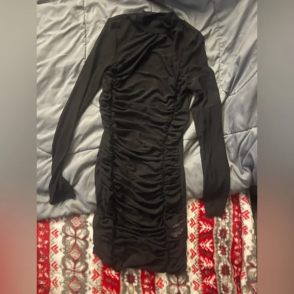 🦄* New! Black High Neck Long Sleeve Sheer Ruched Bodycon Mini Party Dress XXS - Image 7