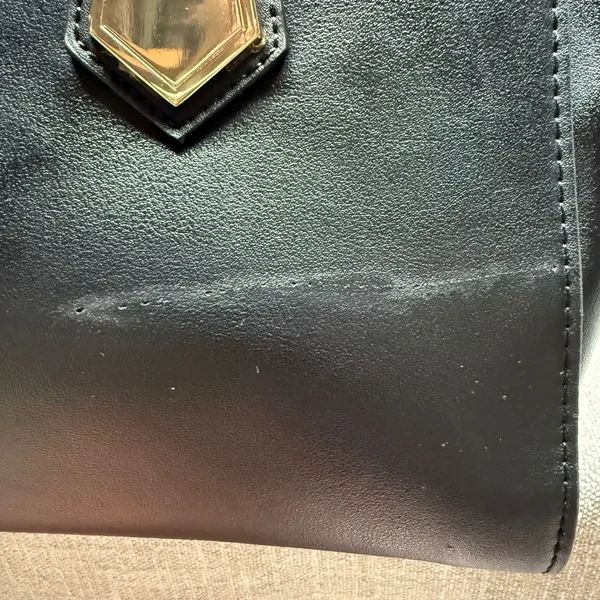 Black Faux Leather Satchel Handbag‎ Large Tote Purse Gold Hardware Edgy Workwear - Image 7