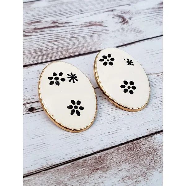Vintage Clip On Earrings - Large Oval Cream with Black Flowers - Image 2