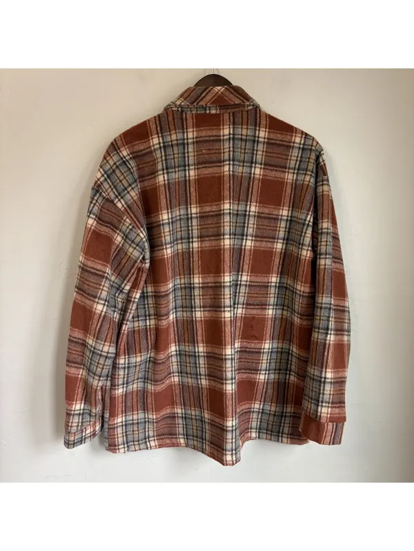 Altar'd State Brown Orange Plaid Fleece Shacket Button Up Shirt Jacket Size M - Image 3