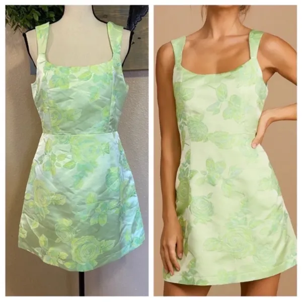 Lulus Brighter Side Light Green Floral Satin Jacquard Mini Dress - Image 3
