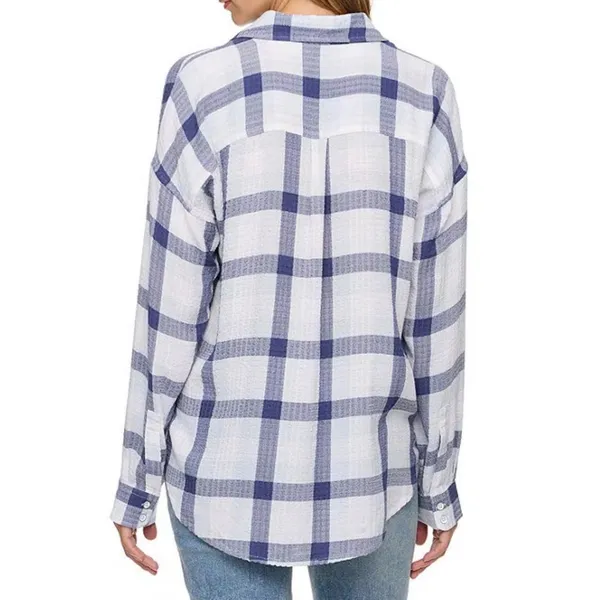 Flag & Anthem Womens Blue White Plaid Button Down Shirt Large SM25WS1477W - Image 2