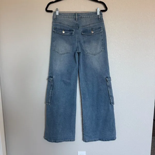 Edikted‎ Womens Wide Leg Cargo Jeans Blue Medium Wash High Rise Utility Size S - Image 2