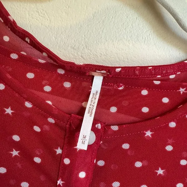Free People Twosie for One Cardigan Med Red White Polka Dot Stars Semi Sheer - Image 5