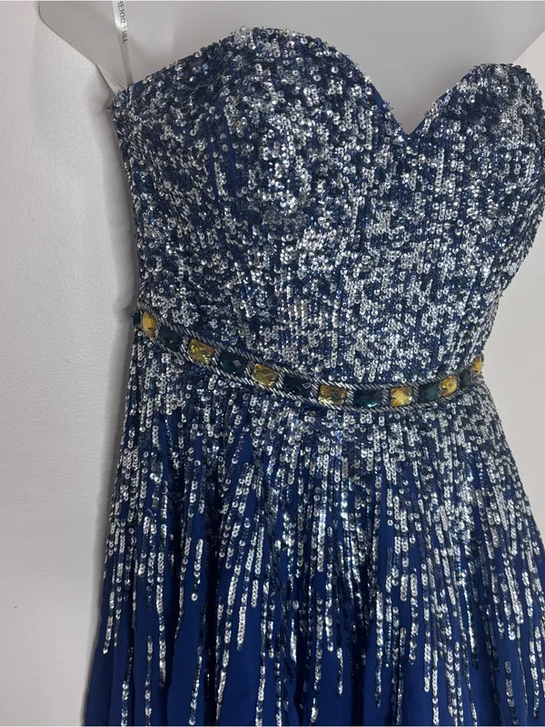 Sherri Hill 8413 navy blue Mini prom strapless Dress beaded sequins 100% silk 6 - Image 2