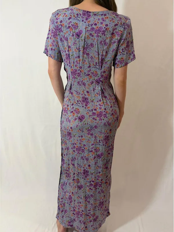 Retro Light Purple Floral Vintage Rayon Prairie Picnic Casual Dres - Image 7