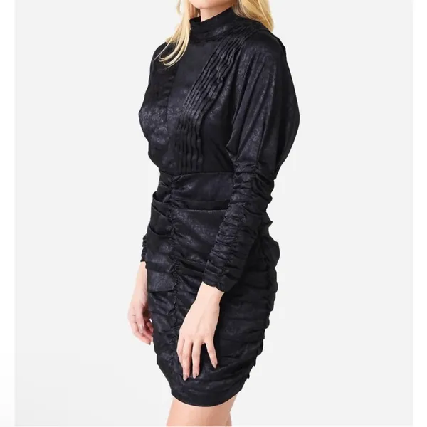 Hunter Bell New York Black Floral Jacquard Ruched Mini Dress Mock Neck‎ - Image 5