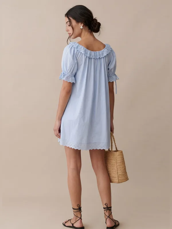 Kourt Light Blue Size S Juliet Cotton Lace Collar Mini Dress Few Moda - Image 4