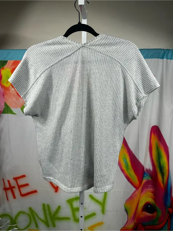Lush Clothing P47. Light Gray Ribbed Wrap-Front V-Neck Tunic - Image 3