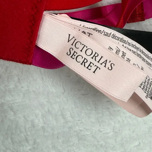 Victoria's Secret‎ Very Sexy Low Cut Demi Bra Red Pink Heart Strappy Satin Large - Image 4
