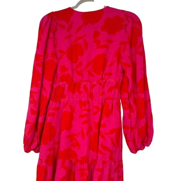 Kate Spade‎ x Target Vibrant Bright Red Pink Linen Blend Long Sleeve Midi Dress - Image 4