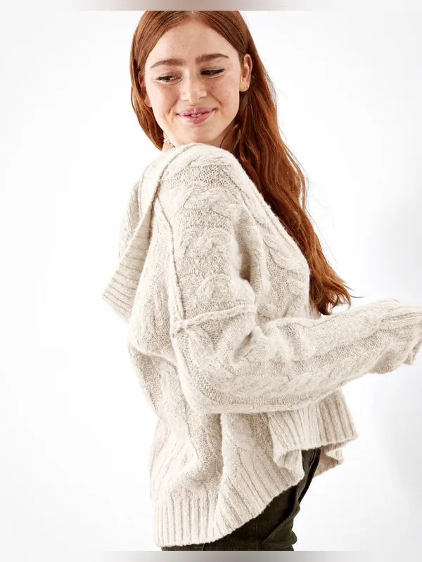 American Eagle Soft & Cozy Cable Knit Hoodie Sweater – Cream/Ivory – XL - Image 5