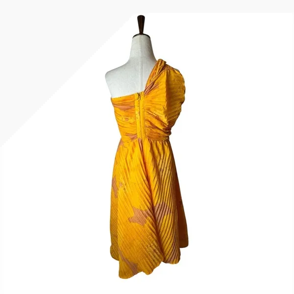 Isi Brown Dress women Medium Yellow Pleated One Shoulder Cutout Asymmetric‎ Midi - Image 3