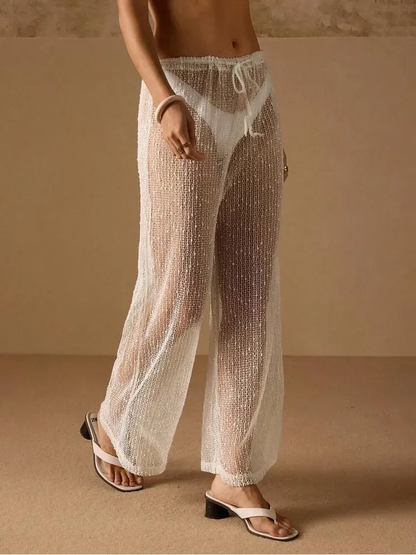 Jordan Taylor White Wide-Leg Mesh Pants Cover Up with Iridescent Sequence Sz S - Image 8