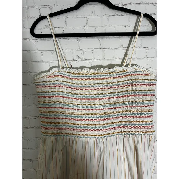American Eagle‎ Striped Smocked Tiered Midi Dress Boho Cotton White Multi Sz XL - Image 3
