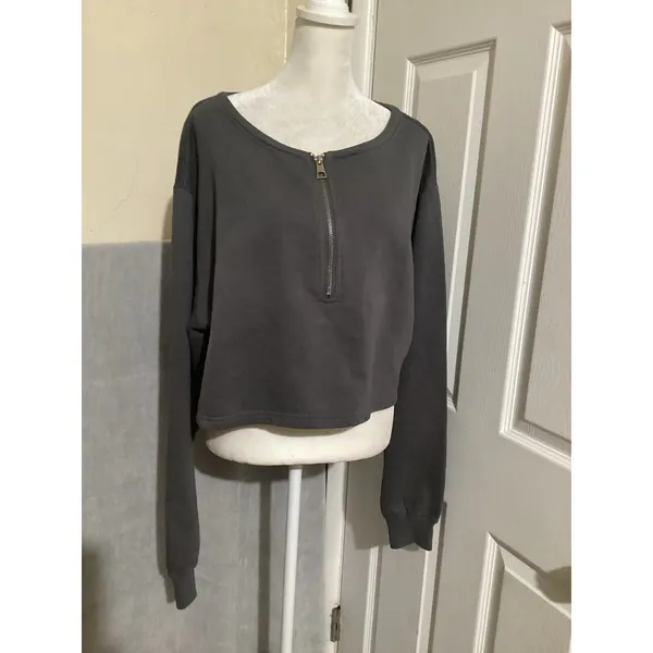 Good American Essentails Gray Half Zip Cropped Womens Sweatshirt 2(M) - Image 2