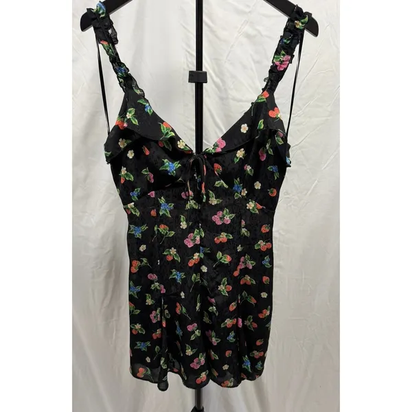 Zara Women Black Berry Floral Print Jacquard Mini Dress Ruffle Tie Front Size M - Image 3