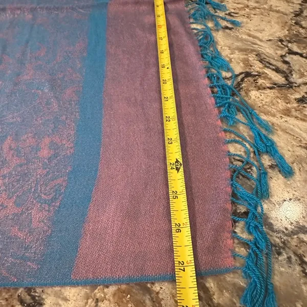 Jacquard Paisley Silk Pashmina Pink Teal Blue Fringe Wrap Shawl - Image 6